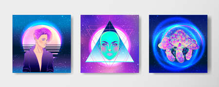 Retro Futurism or New Age style flyer set. Vector futuristic sacred geometry synth wave illustration. 80s poster background. Good design for t-shirt print or greeting card.の写真素材