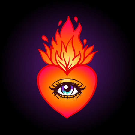 Sacred heart with eye and burning flame. Traditional Mexican heart. Hand drawn colored trendy vector illustration isolated.のイラスト素材