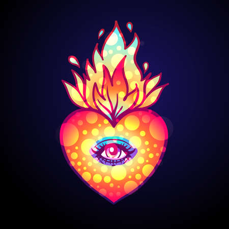 Sacred heart with eye and burning flame. Traditional Mexican heart. Hand drawn colored trendy vector illustration isolated.のイラスト素材
