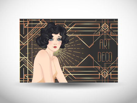 Art Deco vintage illustration of flapper girl. Retro party character in 1920 s style. Vector design for glamour event or jazz party.のイラスト素材