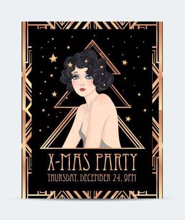 Art Deco vintage illustration of flapper girl. Retro party character in 1920 s style. Vector design for glamour event or jazz party.のイラスト素材