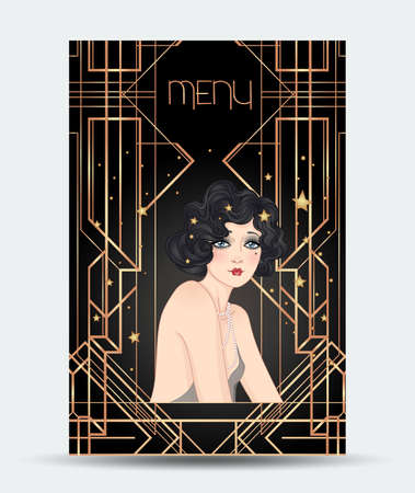 Art Deco vintage illustration of flapper girl. Retro party character in 1920 s style. Vector design for glamour event or jazz party.のイラスト素材