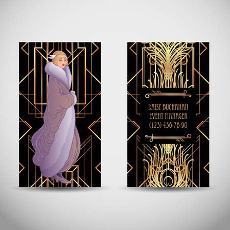 Art Deco vintage illustration of flapper girl. Retro party character in 1920 s style. Vector design for glamour event or jazz party.のイラスト素材