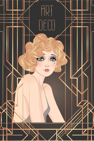 Art Deco vintage illustration of flapper girl. Retro party character in 1920 s style. Vector design for glamour event or jazz party.のイラスト素材