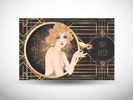 Art Deco vintage illustration of flapper girl. Retro party character in 1920 s style. Vector design for glamour event or jazz party.のイラスト素材