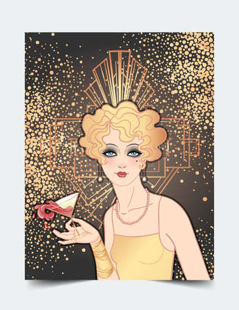 Art Deco vintage illustration of flapper girl. Retro party character in 1920 s style. Vector design...