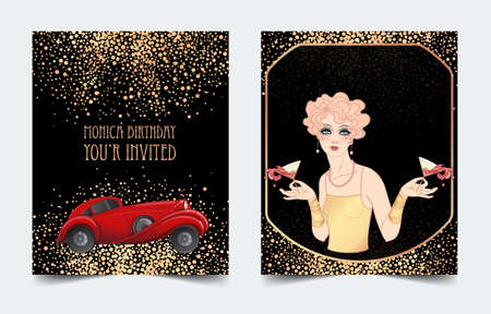 Art Deco vintage invitation template design with illustration of a red car. Vector illustration. Roaring Twenties. Classic automobile, luxury vintage concept.のイラスト素材