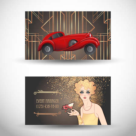 Art Deco vintage invitation template design with illustration of a red car. Vector illustration. Roaring Twenties. Classic automobile, luxury vintage concept.のイラスト素材