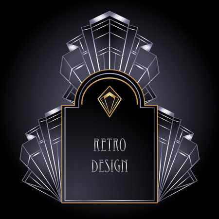 Art Deco vintage gold and silver design element over black. Retro party geometric background set 1920s style. Vector illustration for glamour party, thematic wedding or textile prints.のイラスト素材