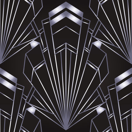 Art deco style geometric seamless pattern in black and silver. Vector illustration. Roaring 1920 s design. Jazz era inspired . 20 s. Vintage Fabric, textile, wrapping paper, wallpaper.のイラスト素材