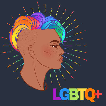 LGBT person with rainbow hair. Non binary african american person. Gay Pride. LGBTQ concept. Isolated vector on gray colorful illustration. Sticker, patch, t-shirt print, logo design.のイラスト素材
