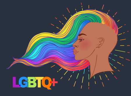 LGBT person with rainbow hair. Non binary african american person. Gay Pride. LGBTQ concept....