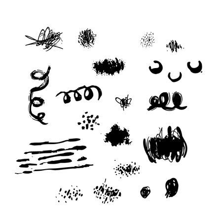 Hand Drawn monochrome texture elements set. Vector illustration isolated on white. Abstract artistic ink hand painted spots. Text template. Black and white shades. Grunge texture. Artist collectionのイラスト素材