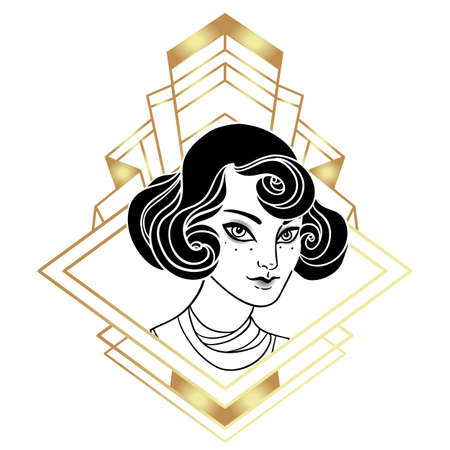 Beautiful girl in art deco style. Retro fashion, glamour woman of twenties. Vector illustration. Flapper 20s style. Vintage party or thematic invitation design template.のイラスト素材