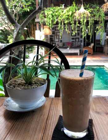 Cozy garden cafe in rustic style with rice terrace view in Ubud city, island Bali, Indonesia.の写真素材