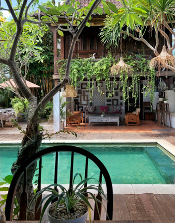 Cozy garden cafe in rustic style with rice terrace view in Ubud city, island Bali, Indonesia.の写真素材