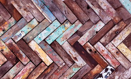 Rustic wooden mosaic texture. Creative wood background. Patterned and textured grunge wall. Natural interior design.の写真素材