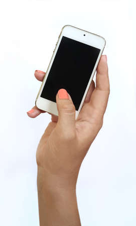 Woman hand holding white smartphone isolated on white.の写真素材