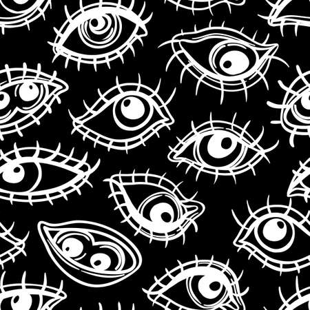 Eyes, seamless pattern over colorful dotted retro 80s, 90s abstract background. Vintage psychedelic textile, fabric, wrapping, wallpaper. Vector illustration. Astrology, religion. Conspiracy theoryのイラスト素材