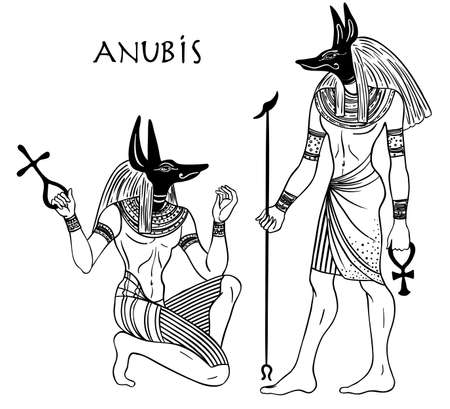 Portrait of Anubis. in Ancient Egyptian, god of death, mummification, embalming, the afterlife, cemeteries, tombs, and the Underworld. Vector isolated illustration. A man with the head of a jackal or wolf.のイラスト素材