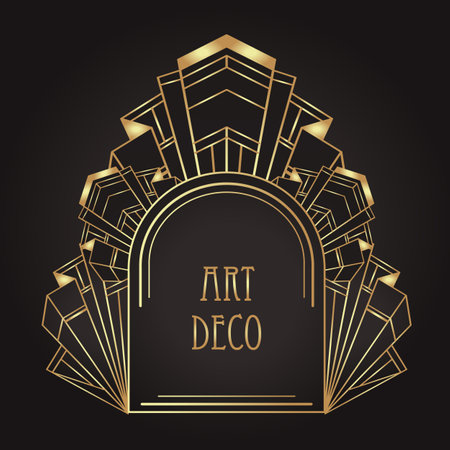 Art Deco vintage gold patterns over black, frames and design elements. Retro party geometric background set 1920s style. Vector illustration for glamour party, thematic wedding or textile prints.のイラスト素材