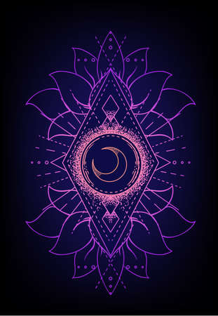 Sacred Geometry and Boo symbol set. Ayurveda sign of harmony and balance. Tattoo design, yoga logo. poster, t-shirt textile. Colorful rainbow gradient over black.のイラスト素材