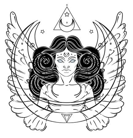 African American magic woman holding all seeing eye with rays. Vector Illustration. Mysterious black girl over sacred geometry symbols and wings. Alchemy, religion, spirituality, occultism, tattoo artのイラスト素材