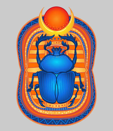 Scarabaeus sacer, Dung beetle. Sacred symbol of in ancient Egypt. Fantasy ornate insects. Isolated vector illustration. Spirituality, occultism, chemistry, occult sun tattoo.のイラスト素材
