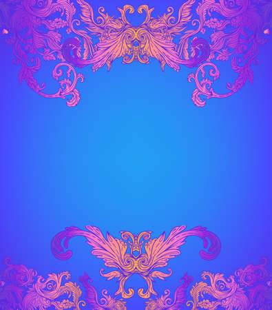 Vintage baroque floral patterned frame in bright neon colors. 1980s style. Ornate vector decoration. Luxury, royal and Victorian concept. Vintage design. Heraldic floral texture.のイラスト素材