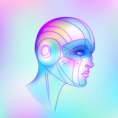 Portrait of robot android woman in retro futurism style. Vector illustration . of a cyborg in glowing neon bright colors. futuristic synth wave flyer template. Cyber technology.のイラスト素材