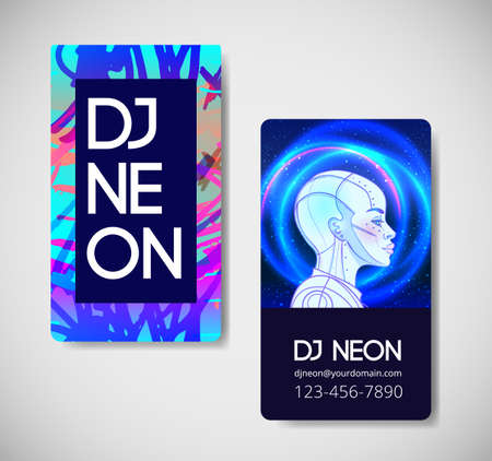Portrait of robot android woman in retro futurism style. Vector illustration of a cyborg in glowing neon bright colors. futuristic synth wave flyer template. Cyber technology.のイラスト素材
