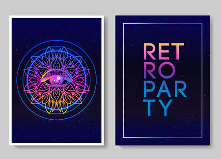Retro Futurism flyer set. Vector futuristic synth wave illustration. 80s Retro poster Background. Good design for poster, t-shirt print design and poster background. Futuristic vector illustrationのイラスト素材