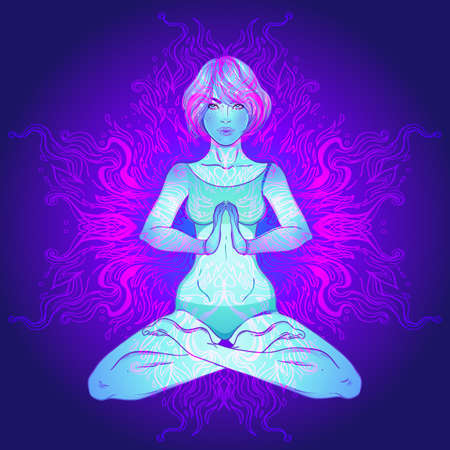 Beautiful Girl sitting in lotus position over ornate colorful neon background. Vector illustration. Psychedelic composition. Buddhism esoteric motifs. Tattoo, spiritual yoga.のイラスト素材