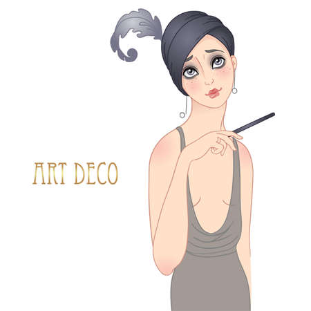 Art Deco vintage illustration of flapper girl. Retro party character in 1920s style. Vector design for glamour event or jazz party.のイラスト素材