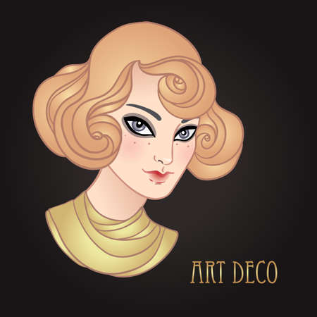 Art Deco vintage illustration of flapper girl. Retro party character in 1920s style. Vector design for glamour event or jazz party.のイラスト素材