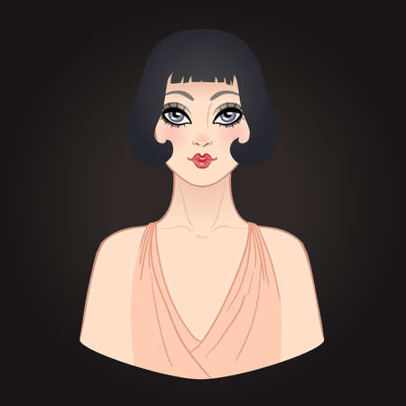 Art Deco vintage illustration of flapper girl. Retro party character in 1920s style. Vector design for glamour event or jazz party.のイラスト素材
