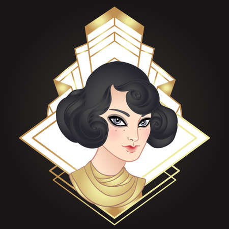 Art Deco vintage illustration of flapper girl. Retro party character in 1920s style. Vector design for glamour event or jazz party.のイラスト素材