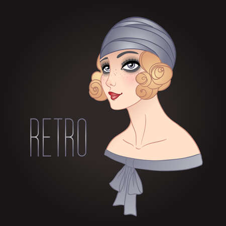 Art Deco vintage illustration of flapper girl. Retro party character in 1920s style. Vector design for glamour event or jazz party.のイラスト素材