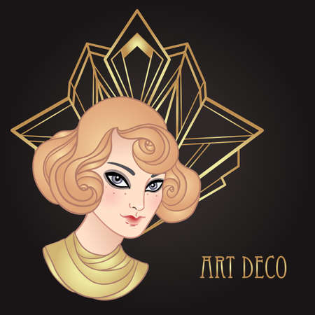 Art Deco vintage illustration of flapper girl. Retro party character in 1920s style. Vector design for glamour event or jazz party.のイラスト素材