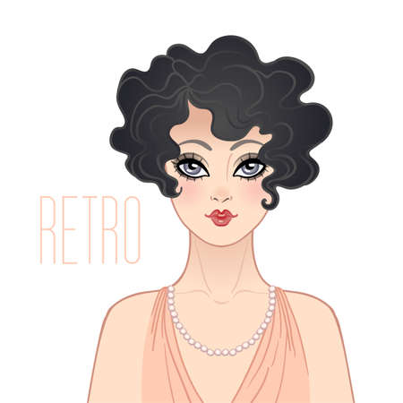 Art Deco vintage illustration of flapper girl. Retro party character in 1920s style. Vector design for glamour event or jazz party.のイラスト素材