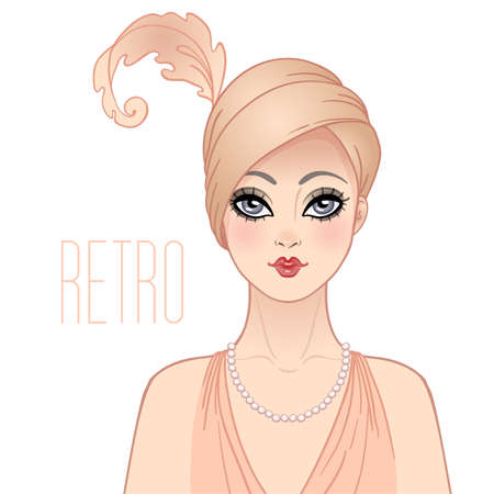 Art Deco vintage illustration of flapper girl. Retro party character in 1920s style. Vector design for glamour event or jazz party.のイラスト素材