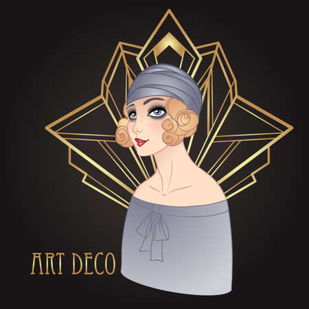 Art Deco vintage illustration of flapper girl. Retro party character in 1920s style. Vector design for glamour event or jazz party.のイラスト素材