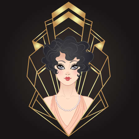 Art Deco vintage illustration of flapper girl. Retro party character in 1920s style. Vector design for glamour event or jazz party.のイラスト素材