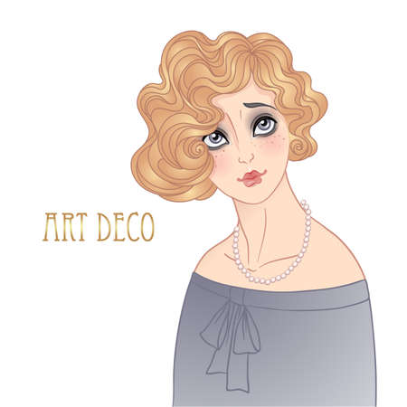 Art Deco vintage illustration of flapper girl. Retro party character in 1920s style. Vector design for glamour event or jazz party.のイラスト素材