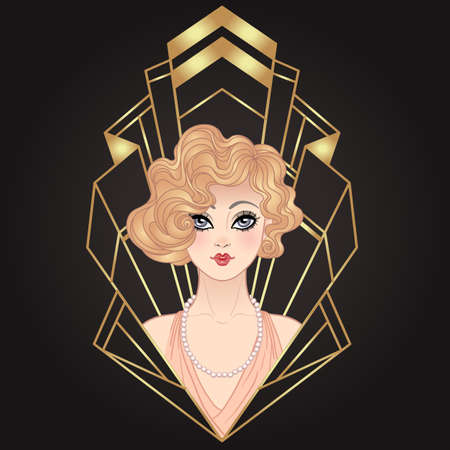 Art Deco vintage illustration of flapper girl. Retro party character in 1920s style. Vector design for glamour event or jazz party.のイラスト素材