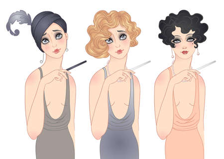Flapper girl set. Retro women of twenties. Vector illustration. Art Deco vintage invitation template design. Retro party in 1920s style.のイラスト素材