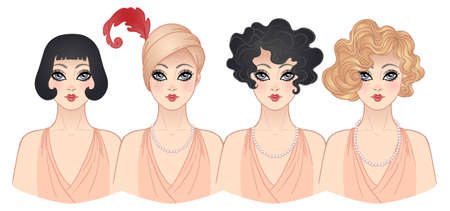 Flapper girl set. Retro women of twenties. Vector illustration. Art Deco vintage invitation template design. Retro party in 1920s style.のイラスト素材