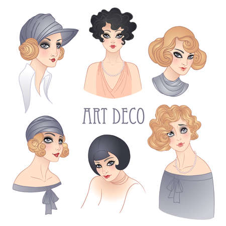 Flapper girl set. Retro women of twenties. Vector illustration. Art Deco vintage invitation template design. Retro party in 1920s style.のイラスト素材