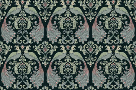 Floral vintage seamless pattern wit birds for retro wallpapers. Enchanted Vintage Flowers. Arts and Crafts movement inspired. Design for wrapping paper, wallpaper, fabrics and fashion clothes.のイラスト素材