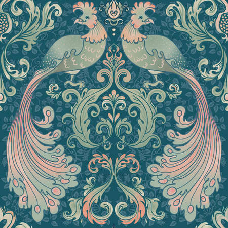 Floral vintage seamless pattern wit birds for retro wallpapers. Enchanted Vintage Flowers. Arts and Crafts movement inspired. Design for wrapping paper, wallpaper, fabrics and fashion clothes.の写真素材